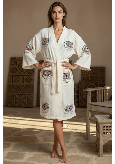 Varol Organik %100 Pamuk Kimono Yaka Sabahlık Bornoz - Göz Krem