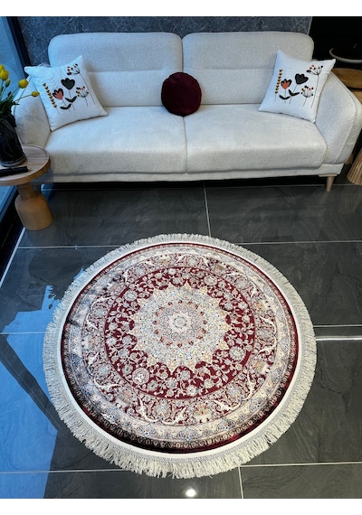 Orfe İpek Tuşeli Halı Salon Halısı, Oturma Odası Halısı, Antre Giriş Halısı Yuvarlak Kırmızı