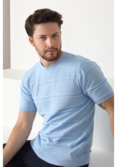 Ferraro Mavi Bisiklet Yaka Erkek Pamuk Triko T-Shirt-Mavi (417934688) Mavi