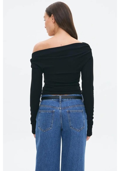Seeh Siyah Kadın Off Shoulder Uzun Kollu Bluz Sh327