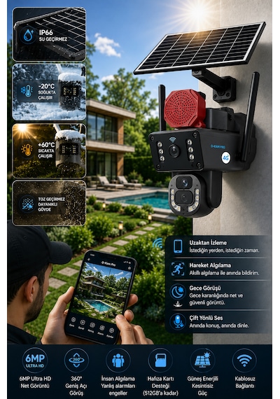 O-kam 3815 4g 6mp Dual Lens Güneş Panelli Solar Sirenli Güvenlik Kamerası 60gb İnternet 12ay 5gb