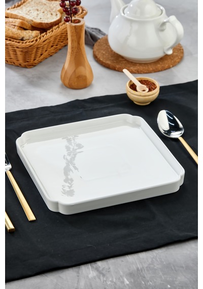 23 Cm Lüks Beyaz Porselen Sunum Tabağı Modern Kare Kahvaltı Ve Servis Tabağı Beyaz - 815984430 Beyaz