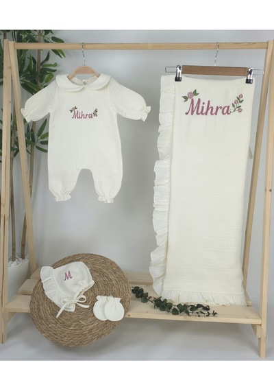 Gros Shop Müslin Yeni Doğan 4katlı Organik %100pamuk Kişiye Özgü Nakışlı Hastane Çıkış Seti Güllü Mode-3 Ekru-2