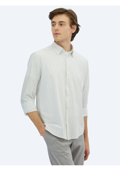 Kip Siyah Çizgili Regular Fit Casual Pamuk Karışımlı Gömlek Siyah