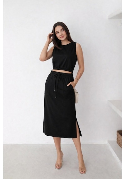 Butik İstanbul Kadın Iki Iplik Crop Etek Ikili Takım Siyah