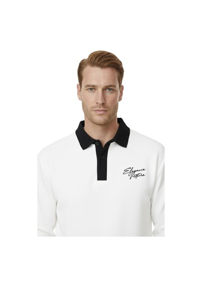 Deepsea Erkek Beyaz Relax Fit İçi Polarlı Polo Yaka Sweatshirt Pamuklu Kalın Sweatshirt 2600762 Beyaz