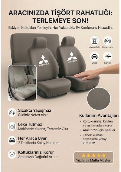 Mitsubishi Colt İle Uyumlu Oto Koltuk Kılıfı Günlük Set Penye Kumaş Gri