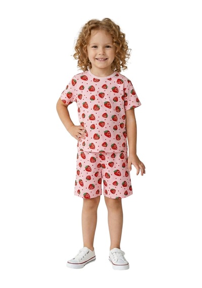 New Kids Çilek Desenli Kız Çocuk Şortlu Takım-91141 Pembe
