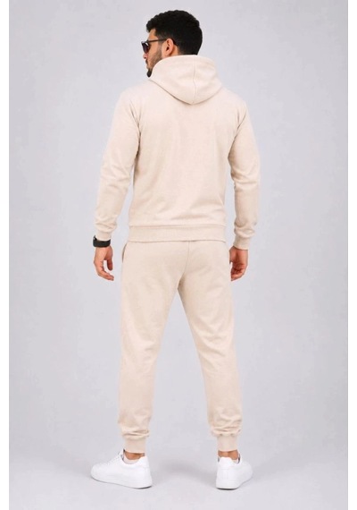 Freedom Storee Erkek İki İplik Kapüşonlu Kanguru Cepli Sweatshirt Jogger Pantolon Alt Üst Eşofman Takımı -bej Çok Renkli