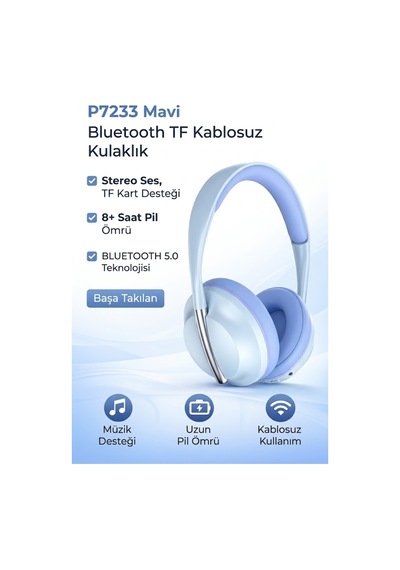 Kulak Üstü Kablosuz Bluetooth Kulaklık Stereo Uyumlu Sd Kart Girişi Şarjsız Kulanma Dahili Mikrofon Mavi - 586749383