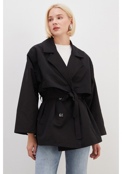 Fullamoda Pelerinli Kuşaklı Geniş Kol Oversize Trençkot Siyah