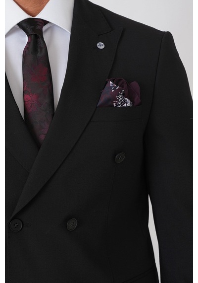 Efor Slim Fit Esnek %97 Yünlü Düz Siyah Kruvaze Takım Elbise Tk 956