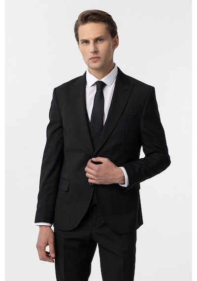 Süvari Siyah Slim Fit Düz Sivri Yaka 6 Drop Yelekli Klasik Takım Elbise