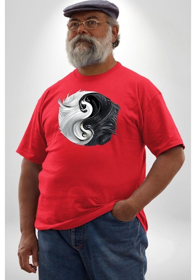 Angemiel Kırmızı Beyaz Ying Yang Kırmızı Büyük Beden Erkek Kadın Unisex Basic Ön Baskılı Tişört Kırmızı