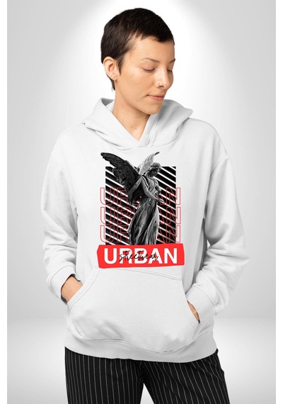 Şehir Sokak Stili Melek Heykeli Kadın Erkek Beyaz Kapüşonlu Sweatshirt Hoodie Beyaz