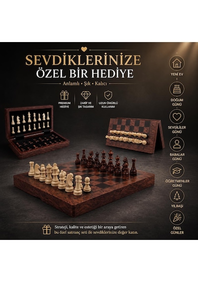 Kişiye Özel İsimli Lüks Ahşap Manyetik Satranç Takımı 30 Cm Katlanır Özel Yuvalı Premium Oyun Seti