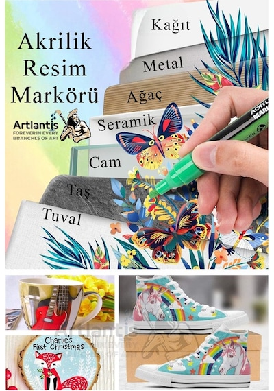 12 Renk Akrilik Markör Keçeli Kalem 1 Adet 12 Li Acrylic Marker Taş Cam Metal Seramik Plastik Tuval Ahşap 0.7-1 Cm