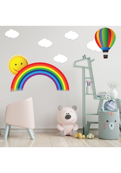 Rengarenk Gökkuşağı, Uçan Balon, Güneş Ve Bulutlar Duvar Sticker Seti - Bebek Ve Çocuk Odası De