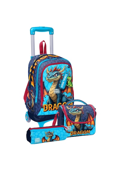 Coral High Çekçek Tekerlekli Üçlü İlkokul Çanta Seti Mavi Sarı Dragon Desenli Erkek Çocuk Setygn34013a Çok Renkli