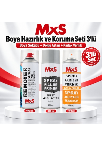 Mxs Boya Hazırlık Ve Koruma Seti 3 Lü Boya Sökücü + Dolgu Astarı + Şeffaf Vernik Gri/şeffaf