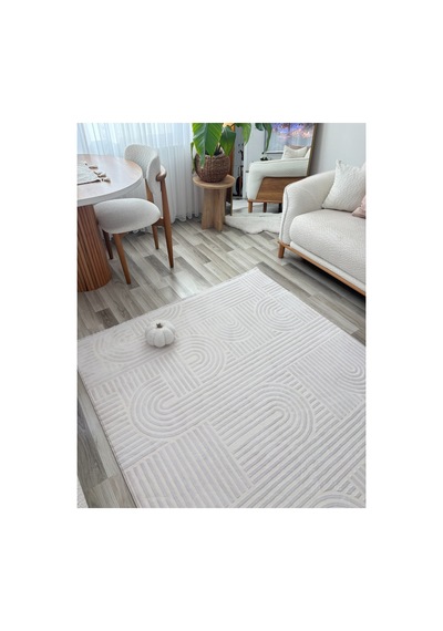 Alize Modern Geometrik Kabartmalı Krem Halı - Saçaklı İskandinav Tarzı Salon Oda Halısı Krem