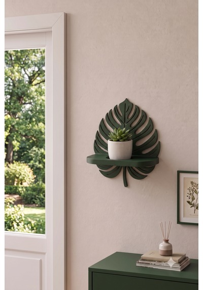 3d Dekoratif Monstera Yaprak Duvar Rafı - Sukulent Ve Mum Standı Yeşil