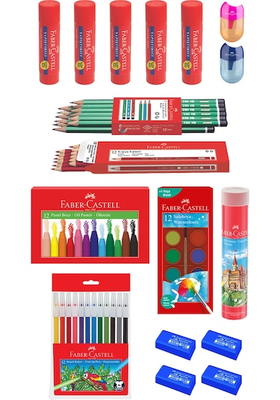 Faber-Castell 15 Parça Okul Öğrenci Seti,Boyama Seti,Yazı Seti,Stick Yapıştırıcı,Silgi,Kalemtıraş Donanımlı Set