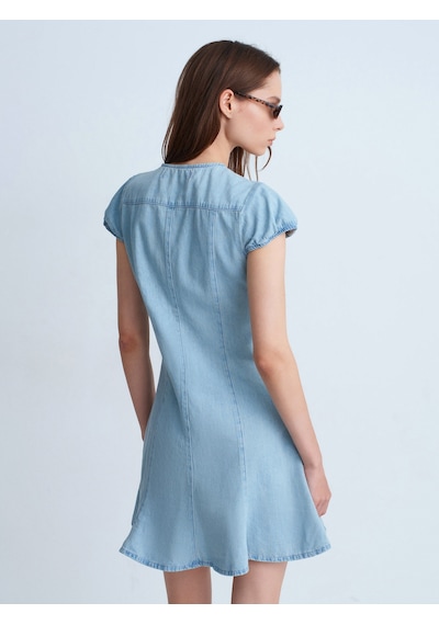 Dilvin 90583 %100 Pamuk Çıtçıt Detaylı Denim Elbise-mavi