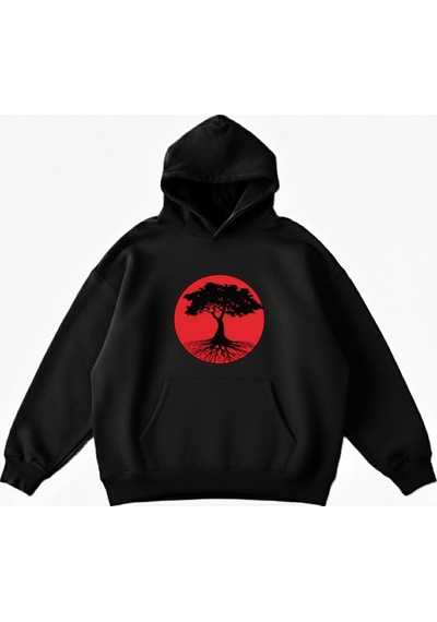 Maki Home Makiteks Siyah Pamuklu Unisex Cepli Kapüşonlu Rahat Kesim Manzara Baskılı Sweatshirt SiYAH