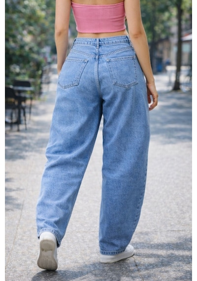 Cedy Denim Cedy Denım Yüksek Kalite Kadın Yüksek Bel Baggy Skater Jean Açık Mavi