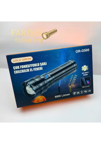Gold Orion Or-g500 6000 Lümen Şarjlı El Feneri 200w Güç, Powerbank Özellikli, Uzun Menzili Siyah