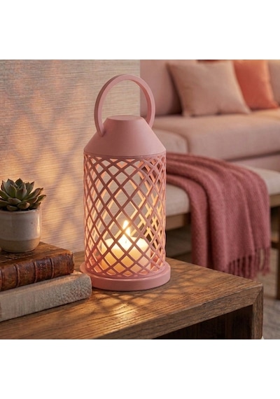 Minimalist Modern Tasarım Dekoratif Mumluk - Ev Dekorasyonu İçin Şık Kafes Fener - Masaüstü Mumluk - Pembe