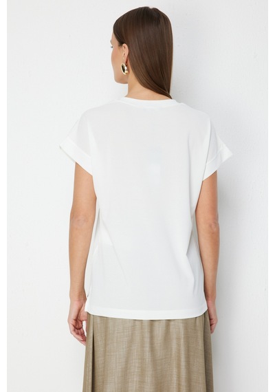 On Kadın V Yaka Parçalı T-shirt 71475 Ekru