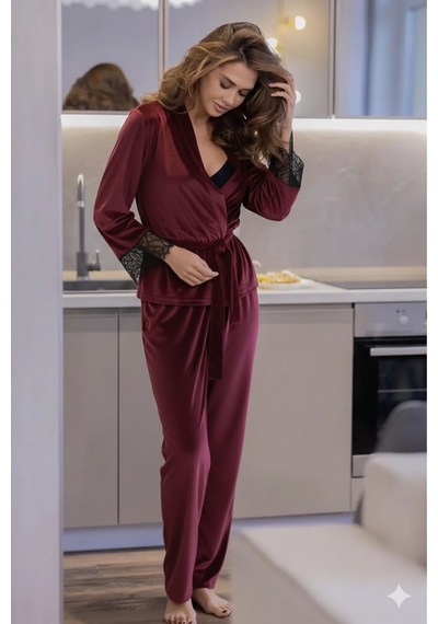 Juwana Lüks Kadife Dantel Detaylı Şık Kuşaklı Sabahlık & Pijama Takımı Siyah Juwana Lüks Kadife Dantel Detaylı Şık Kuşaklı Sabahlık & Pijama Takımı Siyah