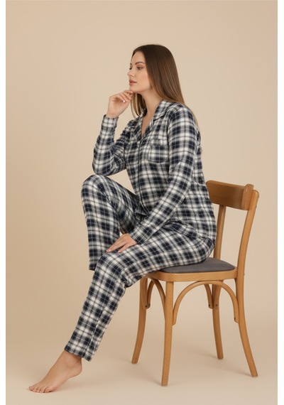 Bravie Luxury Viscose Lacivert Ekose Desenli Kadın Uzun Kollu Büyük Beden Pijama Takımı 42527 Gümüş