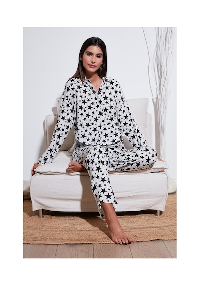 Lela Desenli Rahat Kesim Bol Paça Yazlık Bayan Pijama Takımı 6110014 Beyaz