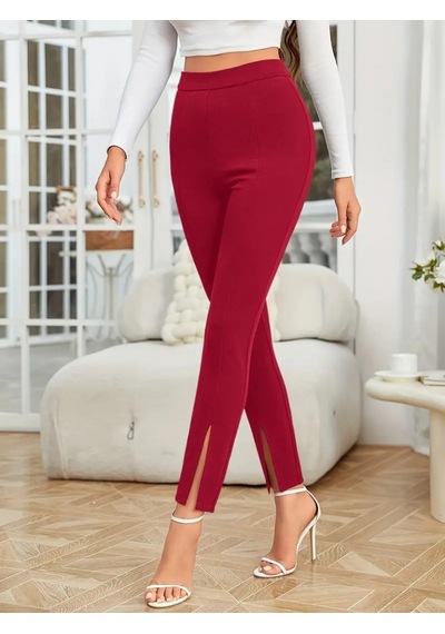 Ramımse Kadın Önden Yırtmaçlı Yüksek Bel Ithal Krep Pantolon Kırmızı