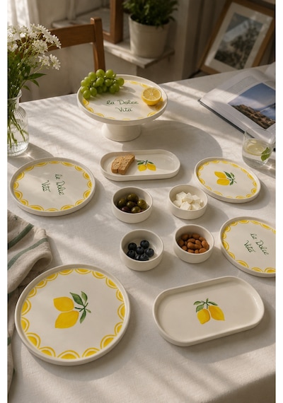Vita Lemony 11 Parça 6 Kişilik Stackable Seramik Tabak Seti Sunum & Kahvaltı Takımı Ayaklı Sunum Standlı Kahvaltı Takımı Beyaz