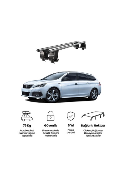 Royal Peugeot 308 2014-2021 Uyumlu Gri Kilitli Ara Atkı Port Bagaj Tavan Barı