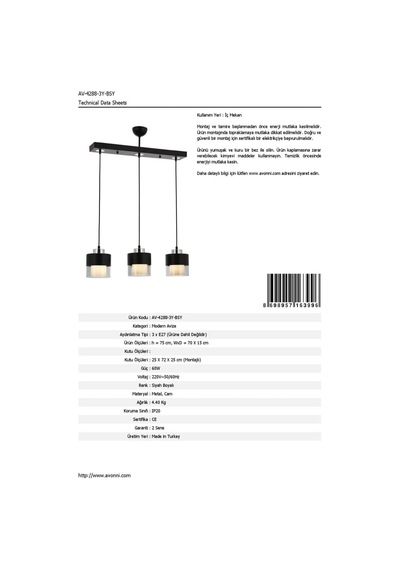 Avonni Av-60193-3y-bsy Siyah Boyalı Modern Avize E27 Metal Cam 70x15cm Diğer
