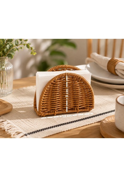 El Örgüsü Rattan Peçetelik Ahşap Görünümlü Masa Peçete Düzenleyici Çok Renkli