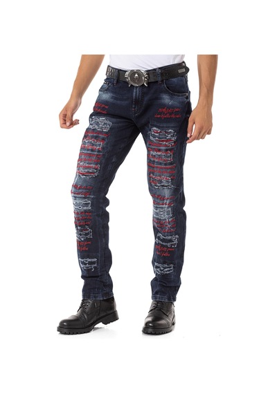 Cd694 Yırtık Detaylara Sahip Yazı İşlemeli Erkek Jean Pantolon Blue