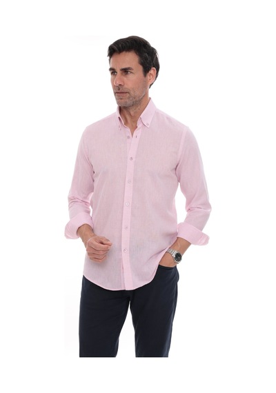 Slim Fit Uzun Kol Yaka Düğmeli Nefes Alan Keten Hediye Kutulu Erkek Gömlek Fs-004548 - Pembe-3234
