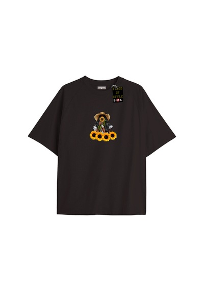 Flood Of Style Siyah Oversize T-shirt Ay Çiçeği Özel Tasarım
