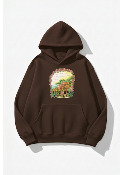Uyguntarz Unisex Yumuşak Dokulu Italy Ligurya Baskılı Tasarım Oversize 3 İplik Hoodie Sweatshirt Kahverengi
