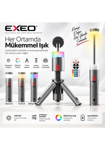 Exeo Şarjlı Kamp Feneri Teleskopik Lamba Rgb Led Işık Kumandalı 10000 Mah Powerbank Özellikli Gümüş