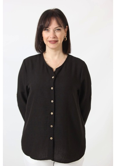 Moda Berray Sb-0169 Keten Kolu Apoletli Sıfır Yaka Büyük Beden Siyah Gömlek Siyah