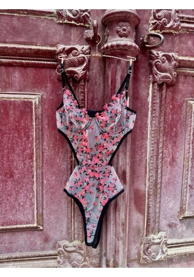 Arona Kadın Transparan Çiçek Desenli Tül Siyah Bodysuit Siyah Çiçekli