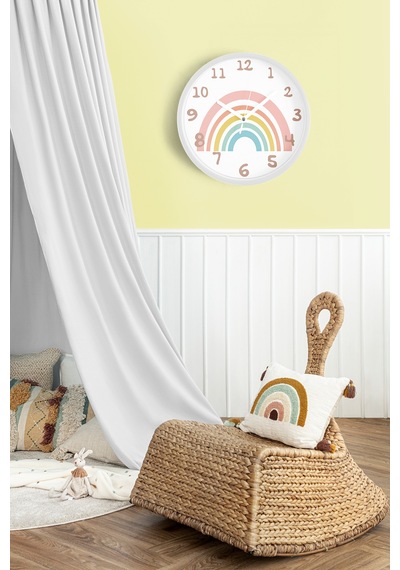 Pastel Gökkuşağı Modern Tasarım Çocuk Odası Duvar Saati - 30cm - Önü Camlı Beyaz Kasa Beyaz