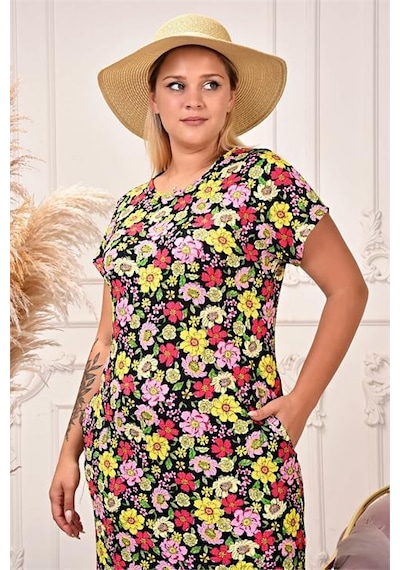 Dip Moda Kadın Büyük Beden Çiçek Desenli Elbise Dpaysl71 Sarı